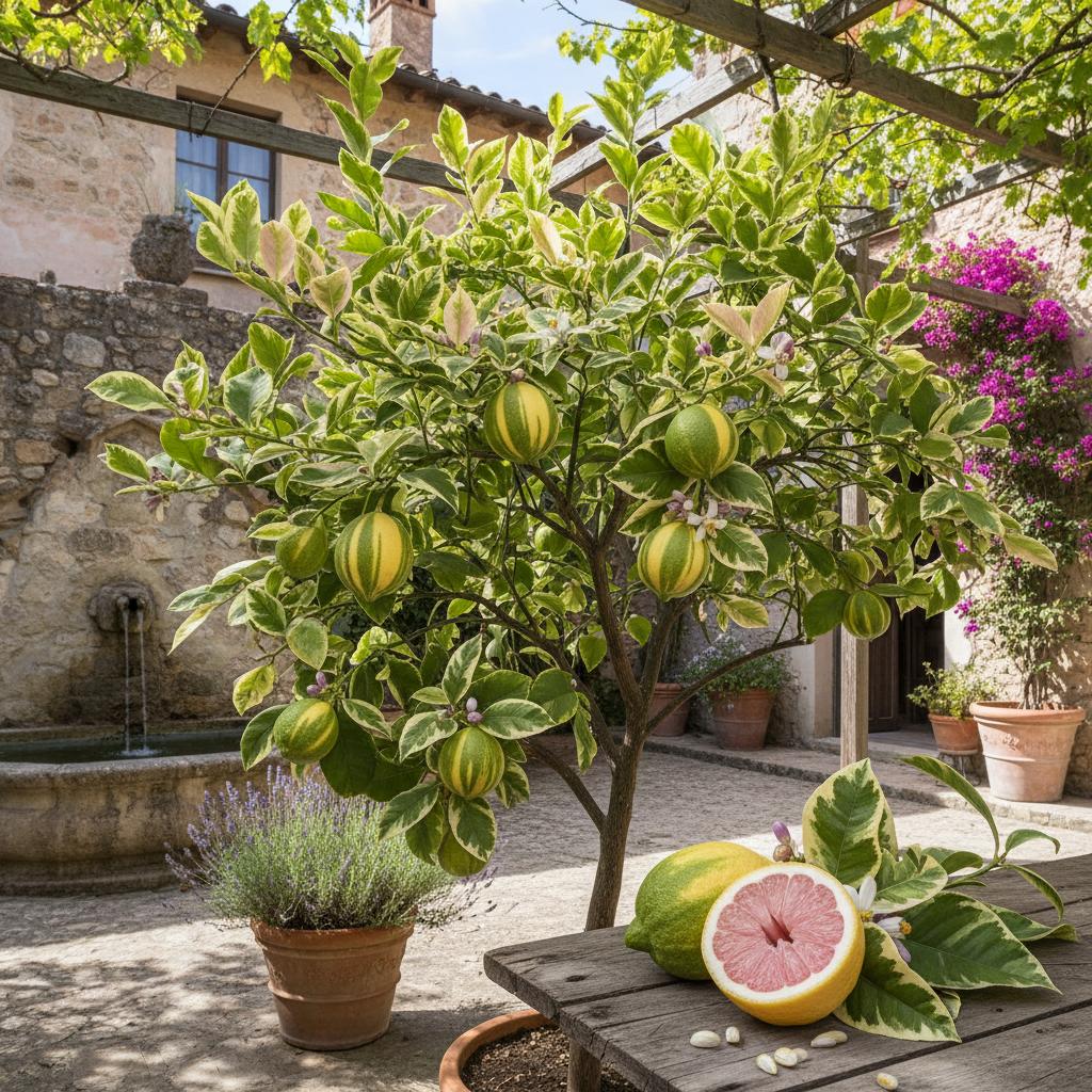 Variegierter Rosa-Eureka-Zitrone (Citrus limon 'Eureka Variegated Pink')