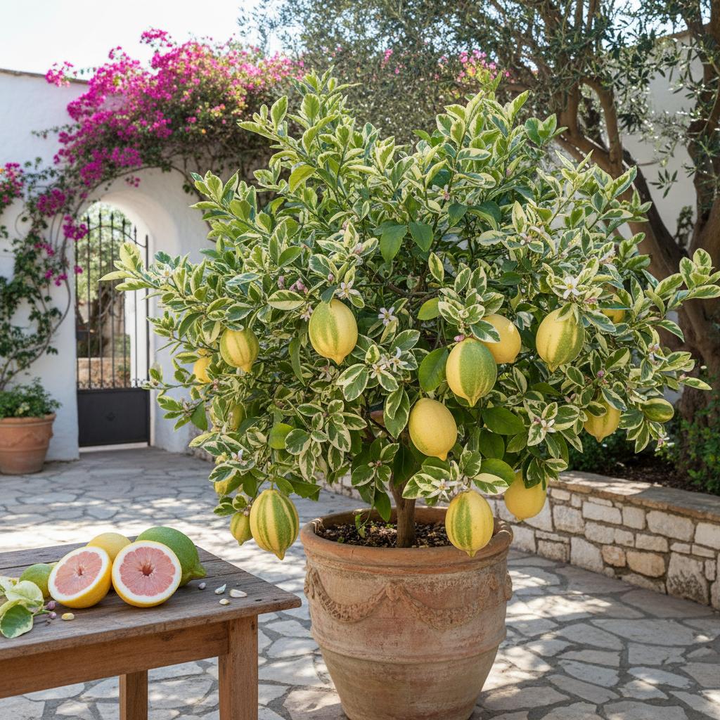 Variegierte Rosa Eureka-Zitrone (Citrus × limon 'Eureka Variegated Pink')